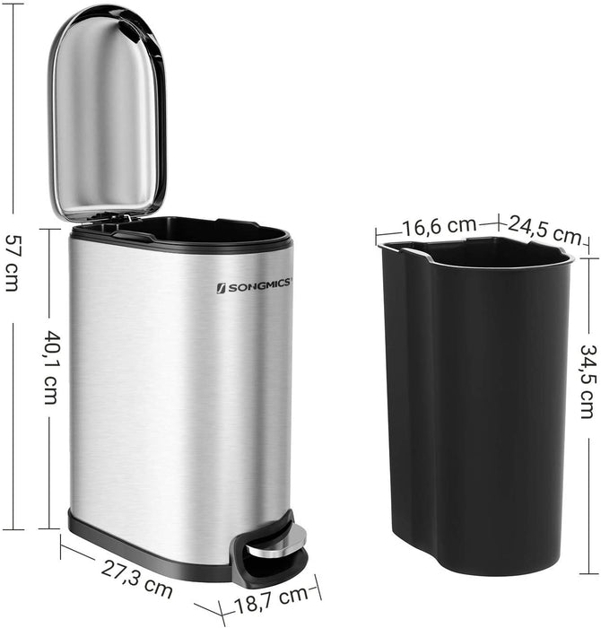 Mülleimer, Kosmetikeimer aus Stahl, 10 Liter, schmaler Treteimer mit Inneneimer, fürs Badezimmer, Softclose, Abfalleimer für die Nische, silbern
