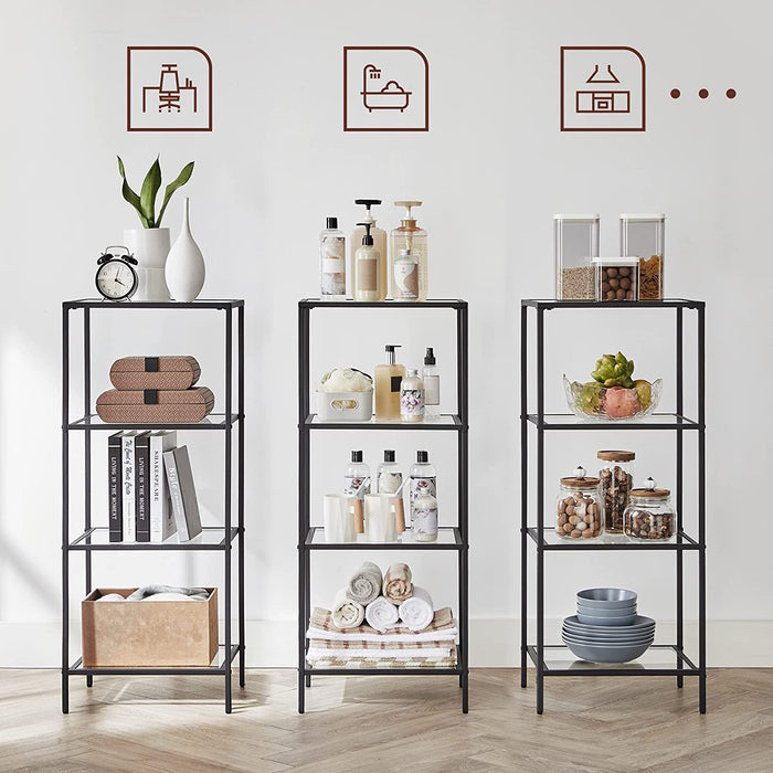 Badezimmerregal, Küchenregal, Standregal, Flurregal, Pflanzenregal mit 4 Ablagen aus Hartglas, einfacher Aufbau, Wohnzimmer, Schlafzimmer, Büro