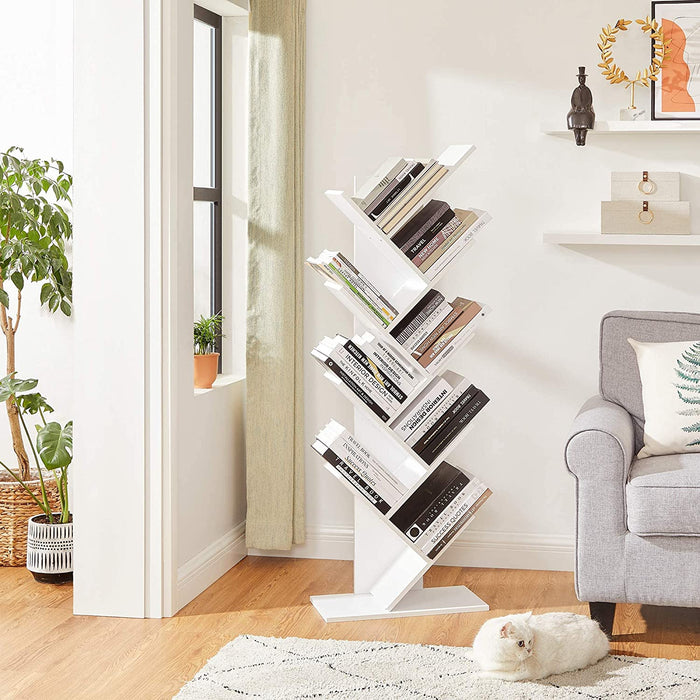 Bücherregal, Standregal, mit 8 Ebenen, DVD-Regal, in Baumform, für Wohnzimmer, Arbeitszimmer, Kinderzimmer, Büro, weiß