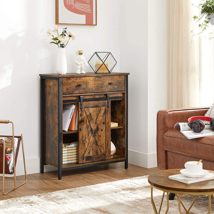 Beistellschrank, Sideboard mit Regalebene und Schublade, Küchenschrank, Kommode mit Schiebetür im Landhausstil, Industrie-Design, vintagebraun-schwarz