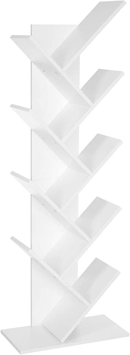 Bücherregal, Standregal, mit 8 Ebenen, DVD-Regal, in Baumform, für Wohnzimmer, Arbeitszimmer, Kinderzimmer, Büro, weiß