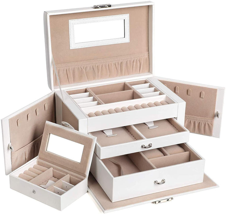 Schmuckkasten, Schmuckkästchen mit 2 Schubladen, abschließbarer Schmuck-Organizer mit Spiegel, herausnehmbare Reise-Box, für Ringe, Armbänder