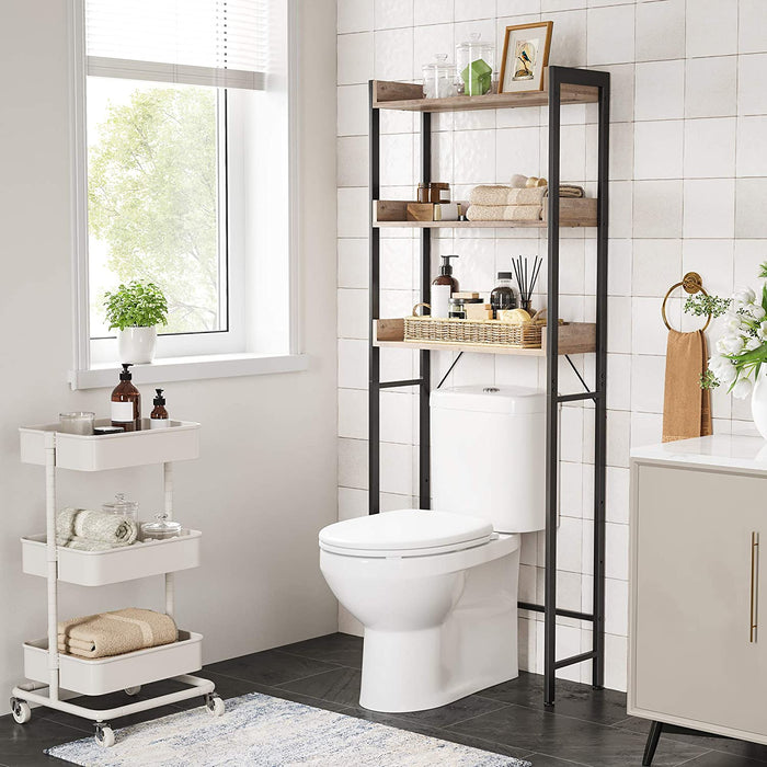 Toilettenregal, Badezimmerregal, Waschmaschinenregal, Badregal mit 3 offenen Ablagen, platzsparend, einfache Montage, Industrie-Design, Greige-schwarz