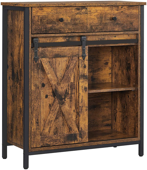 Beistellschrank, Sideboard mit Regalebene und Schublade, Küchenschrank, Kommode mit Schiebetür im Landhausstil, Industrie-Design, vintagebraun-schwarz