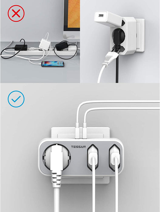 Doppelstecker für Steckdose, TESSAN 5 in 1 Steckdosenadapter mit 2 USB Anschluss, Mehrfachsteckdose 3 Fach Mehrfachstecker mit USB Ladegerät