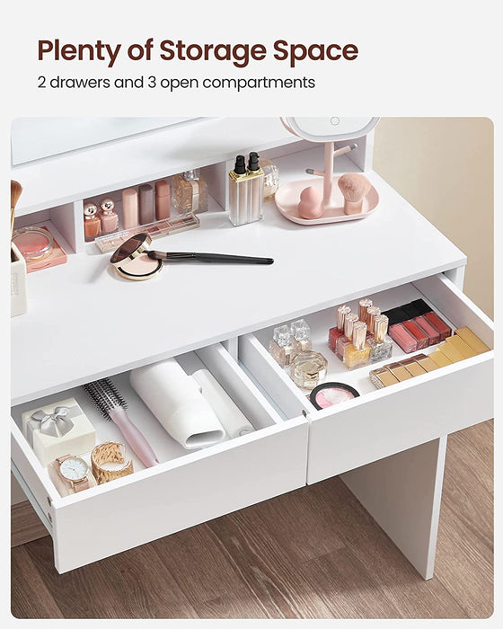 Schminktisch mit LED Beleuchtung, Frisiertisch mit Spiegel, Kosmetiktisch mit 2 Schubladen und 3 offenen Fächern, Frisierkommode, für Make-up, modern