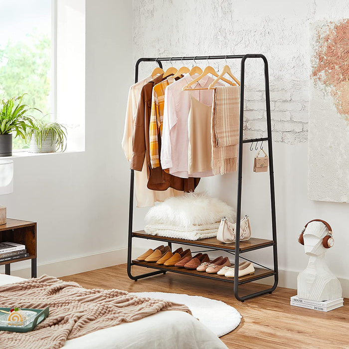 Kleiderständer, Garderobenständer, Garderobe, 2 Ablagen, 6 Haken in S-Form, Stahlgestell, für Schlafzimmer, Flur, Eingangsbereich, Industrie-Design