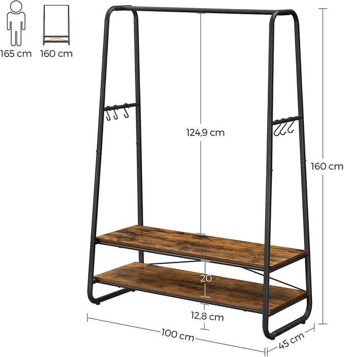 Kleiderständer, Garderobenständer, Garderobe, 2 Ablagen, 6 Haken in S-Form, Stahlgestell, für Schlafzimmer, Flur, Eingangsbereich, Industrie-Design