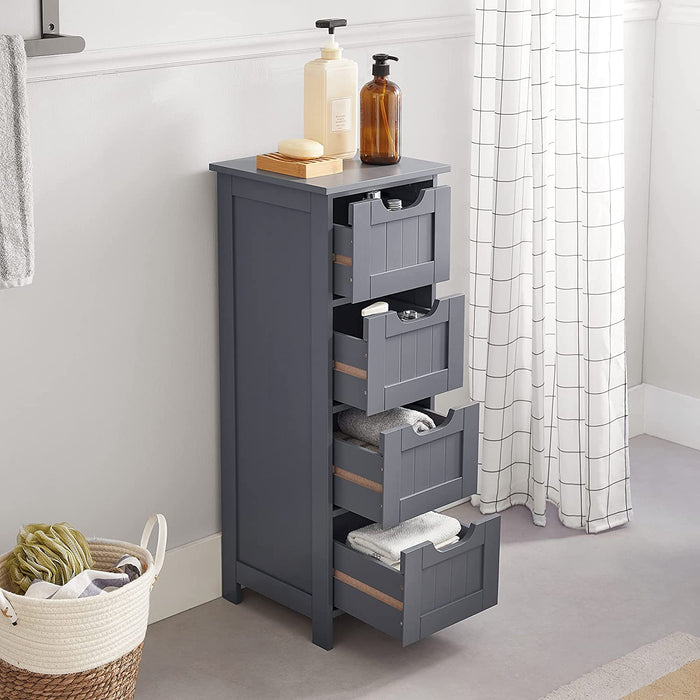 Badezimmerschrank, schmaler Badschrank aus Holz mit 4 Schubladen, 30 x 30 x 82 cm, Wohnzimmer, Schlafzimmer, Flur, tief, freistehend, Grau