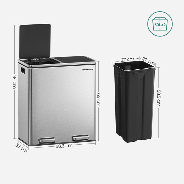 Mülleimer, 2 x 30 L, 2 Fächer, Mülltrennsystem, Treteimer, Abfalleimer Küche, 15 Müllsäcke, aus Metall, Inneneimer aus Kunststoff, Klappdeckel
