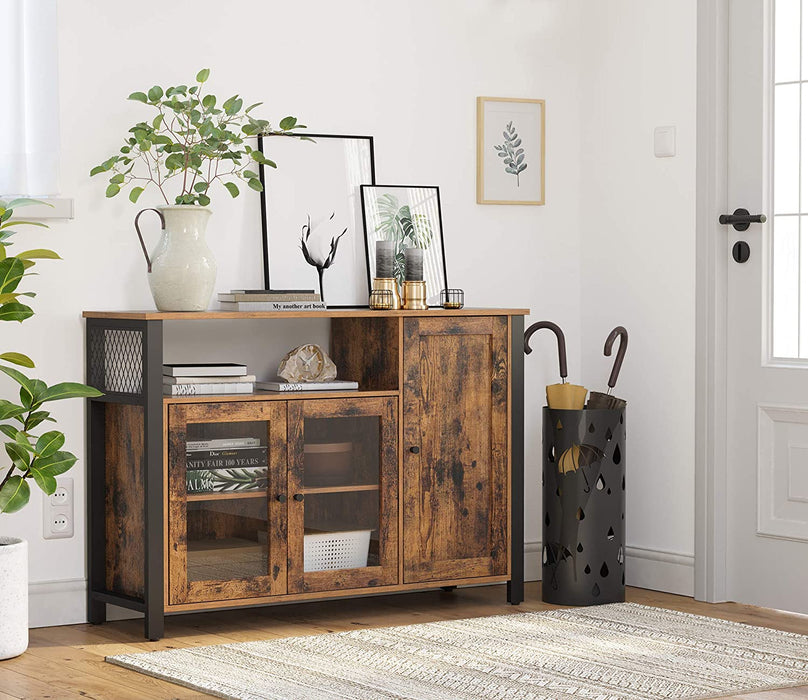 Sideboard, Küchenschrank, Aufbewahrungsschrank, mit 3 Türen, für Wohnzimmer, Küche, Esszimmer, 110 x 33 x 75 cm, Industriestil, vintagebraun-schwarz