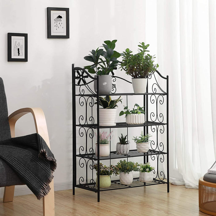 Pflanzenregal, Blumentreppe, Schuhregal, Schuhaufbewahrung, schmiedeeisernes Gartenregal, Blumenregal, mit 4 Ablagen, schwarz