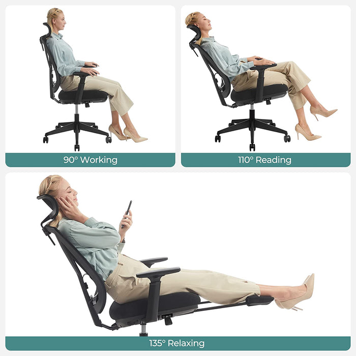Bürostuhl mit Fußstütze, Ergonomischer Schreibtischstuhl mit Lordosenstütze, verstellbare Kopfstütze und Armstütze, Höhenverstellung und Wippfunktion