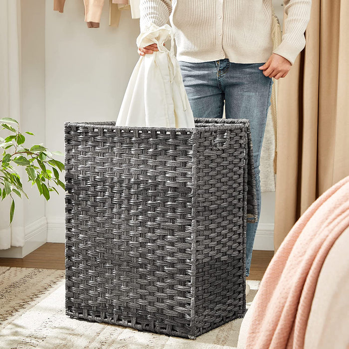 Wäschekorb handgeflochten, 90 L, Wäschesammler aus synthetischem Rattan, mit Deckel und Griffen, faltbar, Wäschesack herausnehmbar, grau