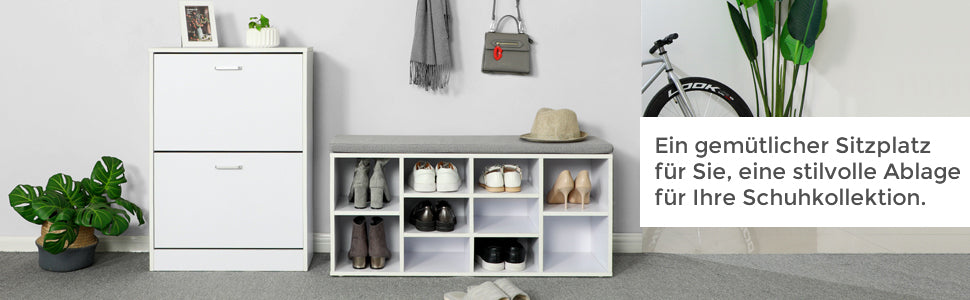 Schuhbank, Schuhregal, Schuhaufbewahrung, Sitzbank, 10 Fächer, mit Polsterung, für den Eingangsbereich, Flur, Schlafzimmer, 104 x 30 x 48 cm, weiß