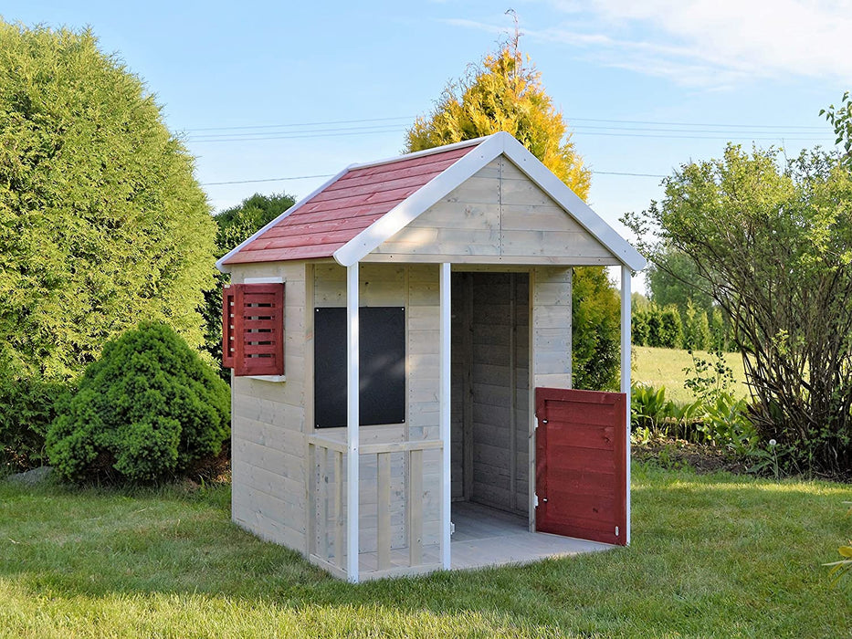 Kinderspielhaus Holz | Spielhaus Holz | Gartenhaus Kinder mit Tafel und Fensterlädenin in Rot | Spielhaus Kinder | Outdoor Spielzeug ab 3 Jahre