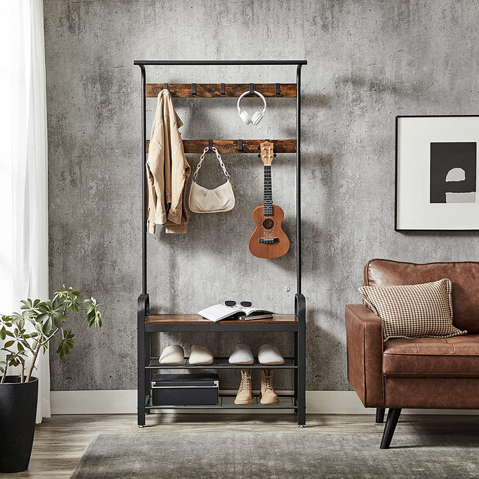Garderobenständer, Garderobe, Schuhregal mit Sitzfläche, Kleiderständer mit 9 abnehmbaren Haken, Sitzbank, Industrie-Design, vintagebraun-schwarz
