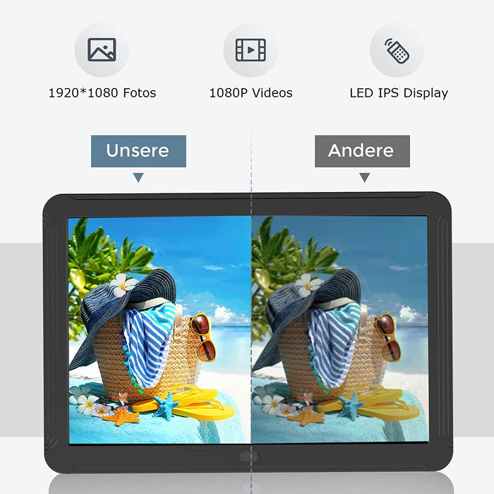 Digitaler Bilderrahmen 8 Zoll, Elektronischer Bilderrahmen mit 1920x1080P HD IPS Screen, Fernbedienung Einfache Einrichtung Video Musik Foto Kalender