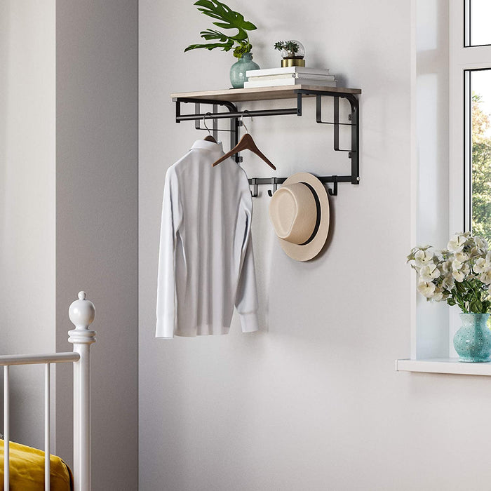 Wandgarderobe mit Ablage, Wandregal mit 5 abnehmbaren Haken, wandmontiertes Hängeregal mit Hängestange, für Flur, Schlafzimmer, Badezimmer