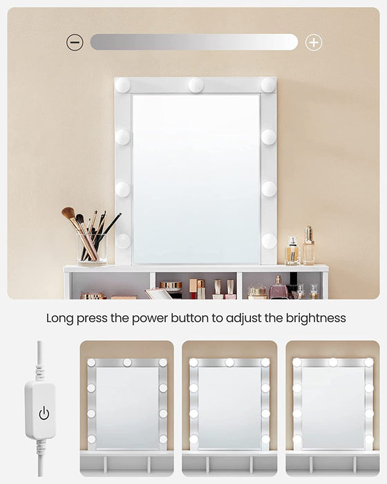 Schminktisch mit LED Beleuchtung, Frisiertisch mit Spiegel, Kosmetiktisch mit 2 Schubladen und 3 offenen Fächern, Frisierkommode, für Make-up, modern