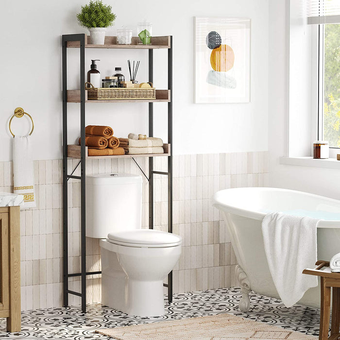 Toilettenregal, Badezimmerregal, Waschmaschinenregal, Badregal mit 3 offenen Ablagen, platzsparend, einfache Montage, Industrie-Design, Greige-schwarz