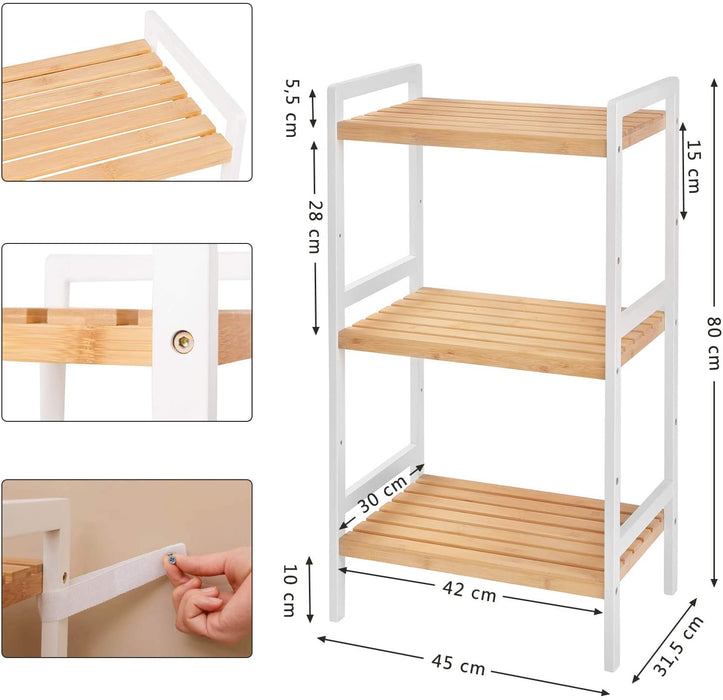 Bambusregal, Küchenregal, Badregal, Bücherregal, Standregal mit 3 Ablagen, 45 x 31,5 x 80 cm, für Bad, Küche, Wohnzimmer, Schlafzimmer, Balkon, naturfarben-weiß