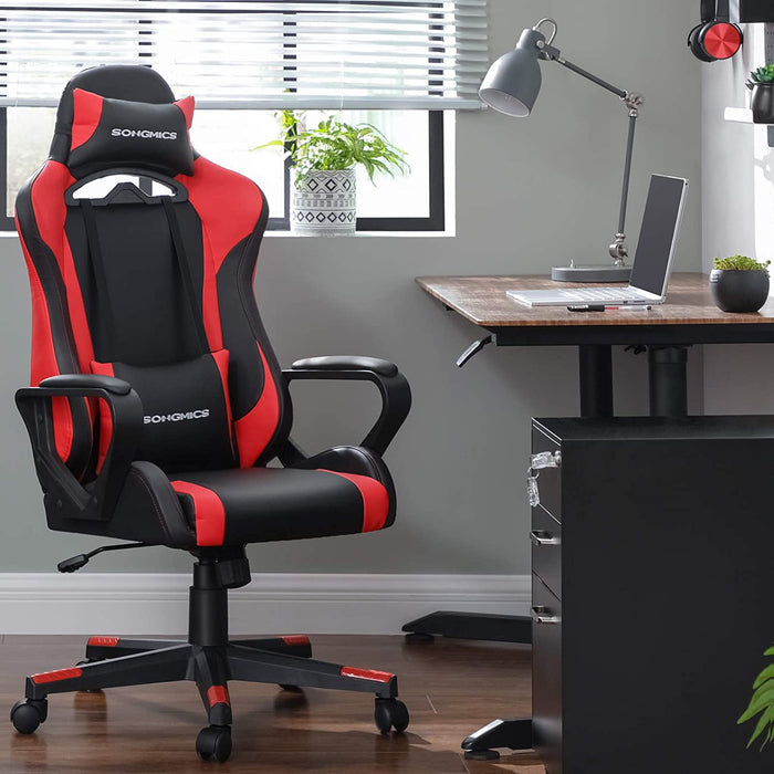 Gaming Stuhl, Schreibtischstuhl, Computerstuhl, Bürostuhl, abnehmbare Kopfstütze, Lendenkissen, höhenverstellbar, Wippfunktion, bis 150 kg belastbar