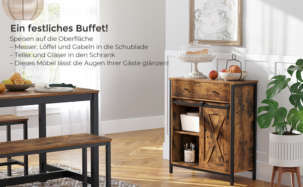 Beistellschrank, Sideboard mit Regalebene und Schublade, Küchenschrank, Kommode mit Schiebetür im Landhausstil, Industrie-Design, vintagebraun-schwarz