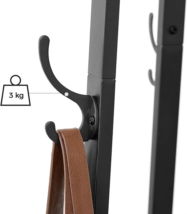 Garderobenständer, Kleiderständer, Garderobe mit 3 Ablagen, Haken, Kleiderstange, stabil, mit Metallgestell, Holzoptik, Industrie-Design, Vintagebraun