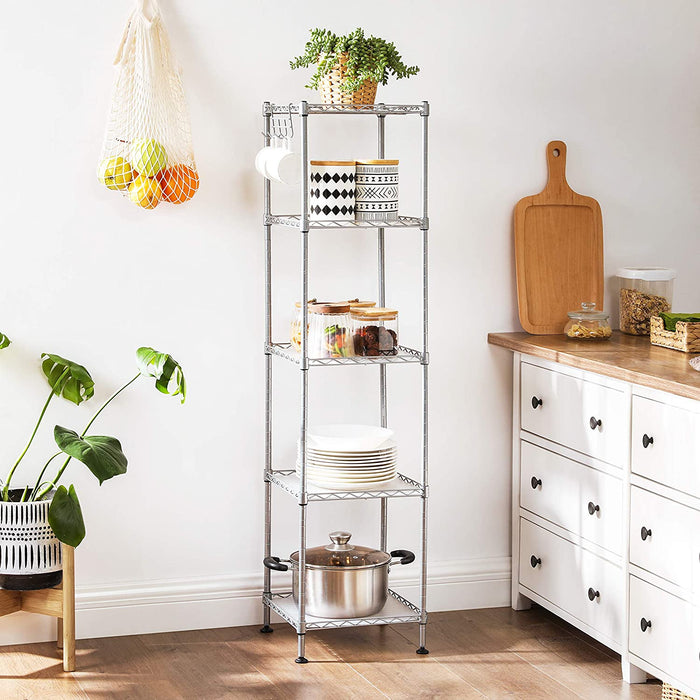 Badezimmerregal, Standregal, Metallregal, bis 100 kg belastbar, mit 5 PP-Platten, abnehmbare Haken, 30 x 30 x 123,5 cm, erweiterbar, für kleine Räume