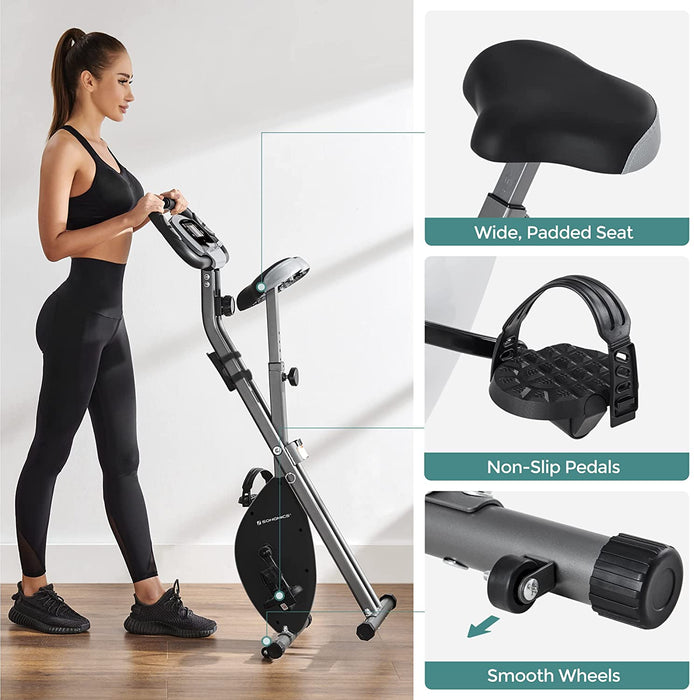 Heimtrainer, Fitnessbike, zusammenklappbares Fitnessfahrrad, 8 magnetische Widerstandseinstellungen, mit Bodenmatte, Pulsmessung, Handyhalterung