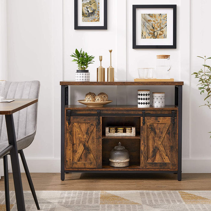 Sideboard, Küchenschrank, Aufbewahrungsschrank, mit 2 Schiebetüren, verstellbare Ablage, industriell, für Wohnzimmer, vintagebraun-schwarz