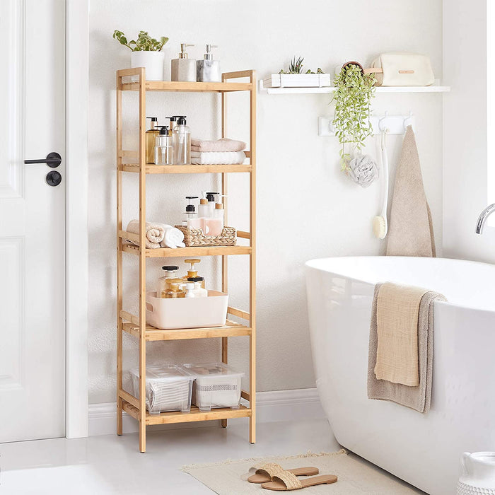 Bambusregal, Küchenregal, Badregal, Bücherregal, Standregal mit 5 Ablagen, 45 x 31,5 x 142 cm, für Bad, Küche, Wohnzimmer, Schlafzimmer, Balkon