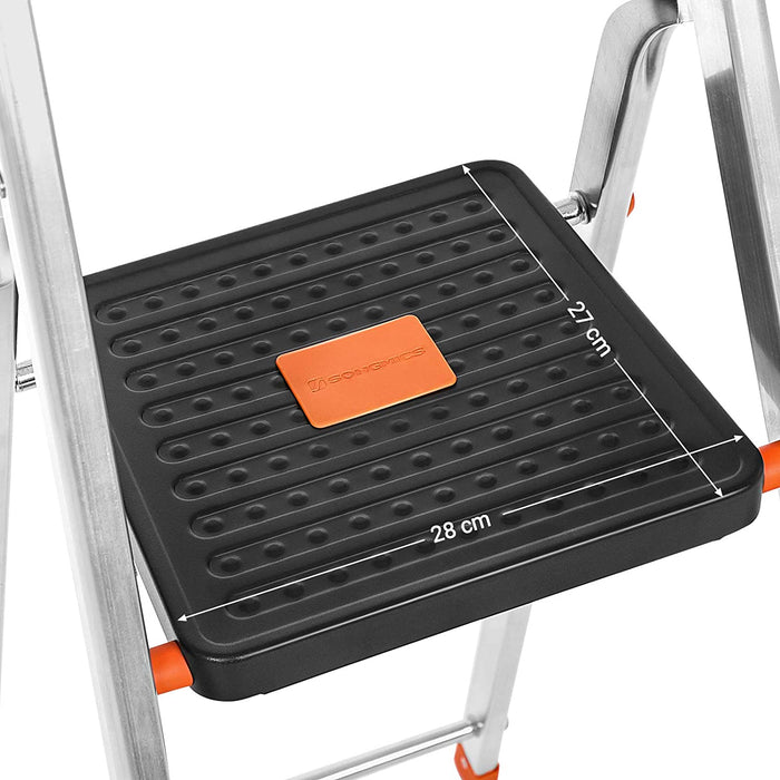 Leiter 3 Stufen, Trittleiter, 12 cm breite Stufen mit Riffelung, Anti-Rutsch-Füße, mit Handlauf, Werkzeugschale, bis 150 kg belastbar