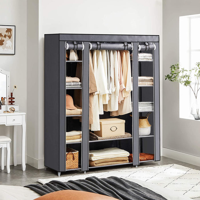 Kleiderschrank, Stoffschrank, mit Kleiderstange und Ablagen, Soffüberzug, für Schlafzimmer, Ankleidezimmer, 150 x 45 x 175 cm, grau