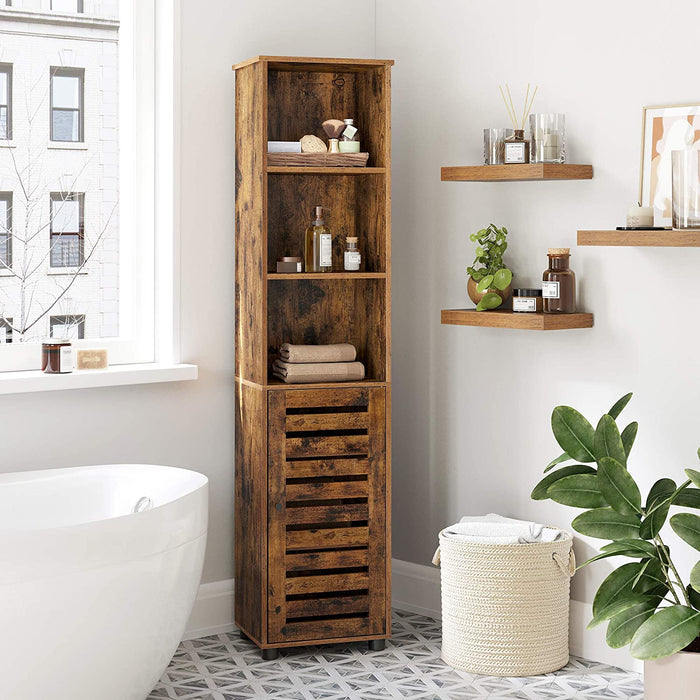Badezimmerschrank, Hochschrank, Badschrank, 3 offene Fächer, 2 verstellbare Einlegeböden hinter der Tür, Aufbewahrungsschrank, für Badezimmer