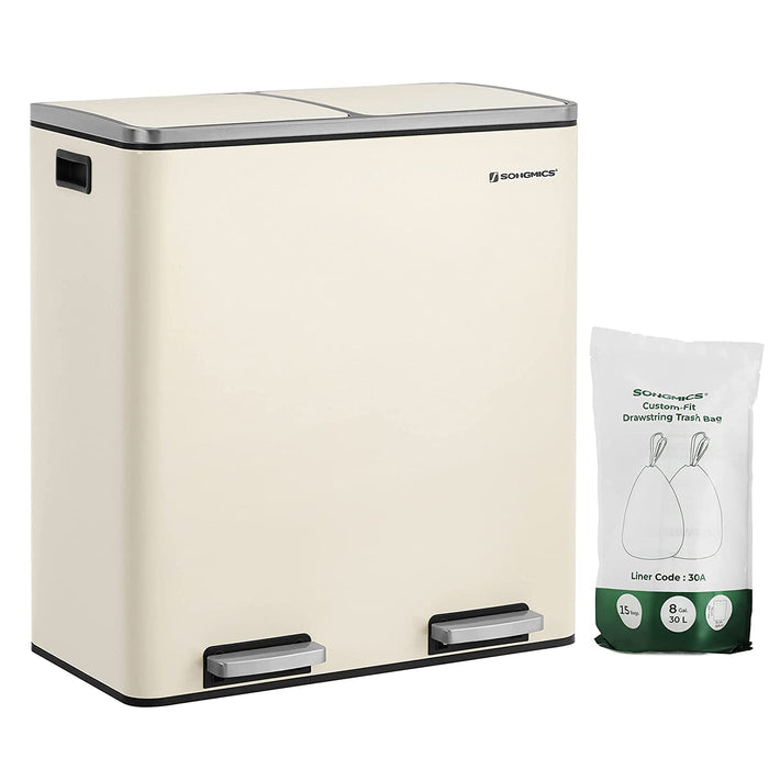 Mülleimer, 2 x 30 L, 2 Fächer, Mülltrennsystem, Treteimer, Abfalleimer Küche, 15 Müllsäcke, aus Metall, Inneneimer aus Kunststoff, Klappdeckel