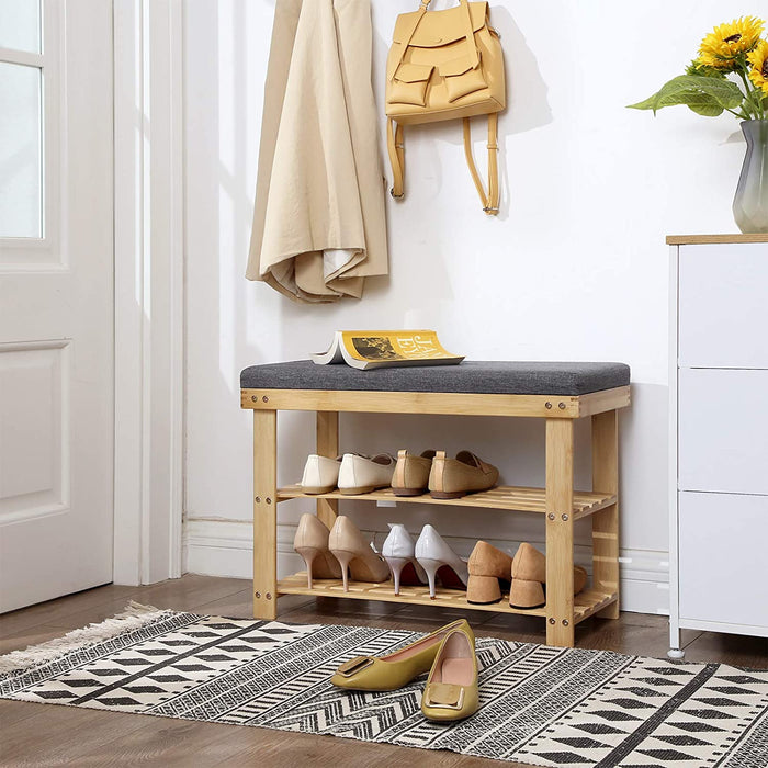 Schuhbank aus Bambus, Schuhregal mit 2 Regalebenen, Sitzbank, für Flur, Wohnzimmer, Sitzfläche bis 150 kg belastbar, 71 x 29 x 49 cm, naturfarben-grau