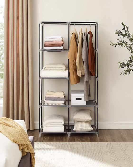Stoffschrank, Kleiderschrank, 2 Kleiderstangen, 6 Ablagen, verschiedene Aufbaumöglichkeiten, 88 x 45 x 168 cm, für Schlafzimmer, Ankleidezimmer, grau