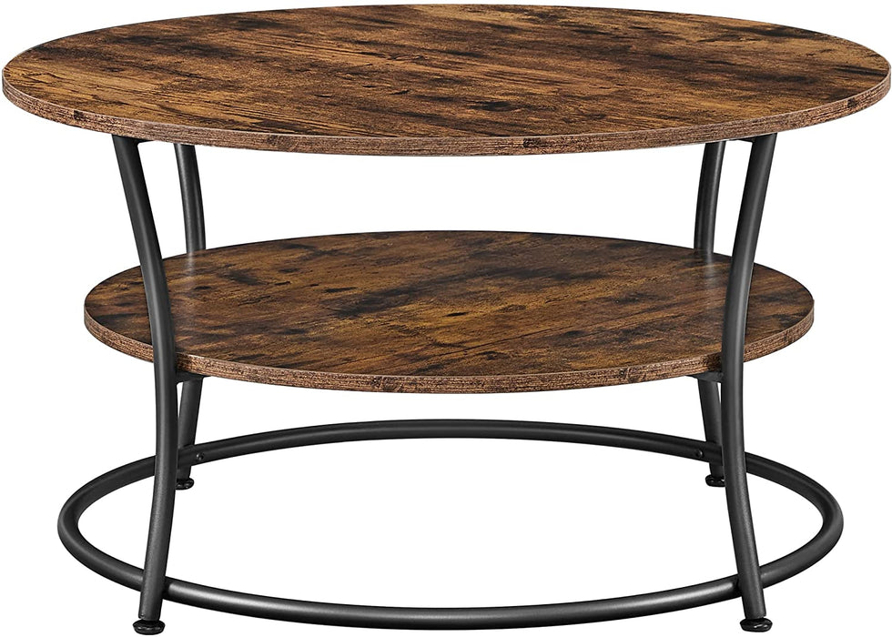 Couchtisch rund, Wohnzimmertisch, Sofatisch mit Ablage, einfacher Aufbau, Metall, Industrie-Design, Vintagebraun-schwarz