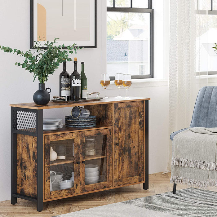 Sideboard, Küchenschrank, Aufbewahrungsschrank, mit 3 Türen, für Wohnzimmer, Küche, Esszimmer, 110 x 33 x 75 cm, Industriestil, vintagebraun-schwarz