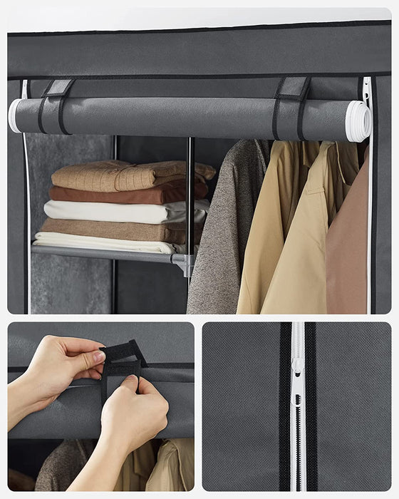 Stoffschrank, Kleiderschrank, 2 Kleiderstangen, 6 Ablagen, verschiedene Aufbaumöglichkeiten, 88 x 45 x 168 cm, für Schlafzimmer, Ankleidezimmer, grau