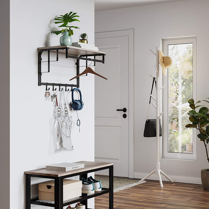 Wandgarderobe mit Ablage, Wandregal mit 5 abnehmbaren Haken, wandmontiertes Hängeregal mit Hängestange, für Flur, Schlafzimmer, Badezimmer