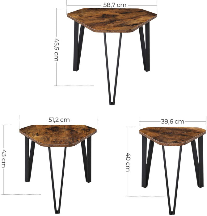 Beistelltisch-Set, 3 Stück Nachttische, Couchtische, mit Metallbeinen, einfacher Aufbau, Industrie-Design, vintagebraun-schwarz