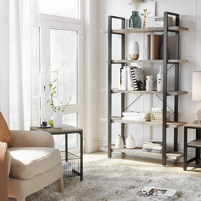 Bücherregal, stabiles Standregal mit 5 Regalebenen, Wohnzimmerregal im Industrie-Design, einfacher Aufbau, Wohnzimmer, Schlafzimmer, Büro, Greige