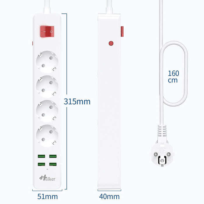 Steckdosenleiste mit USB, 10A Mehrfachsteckdose 4 Fach Steckdose 4 USB(5V/3.7A) mit Überlastschutz 1.6M Verlängerungskabel Mehrfachstecker
