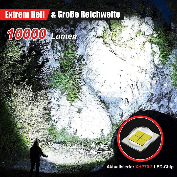 Taschenlampe Led 10000 Lumen, Extrem Hell Taschenlampe USB Aufladbar Taktische Taschenlampen Mit Holster IP67 Wasserdicht Camping Wandern Notfälle