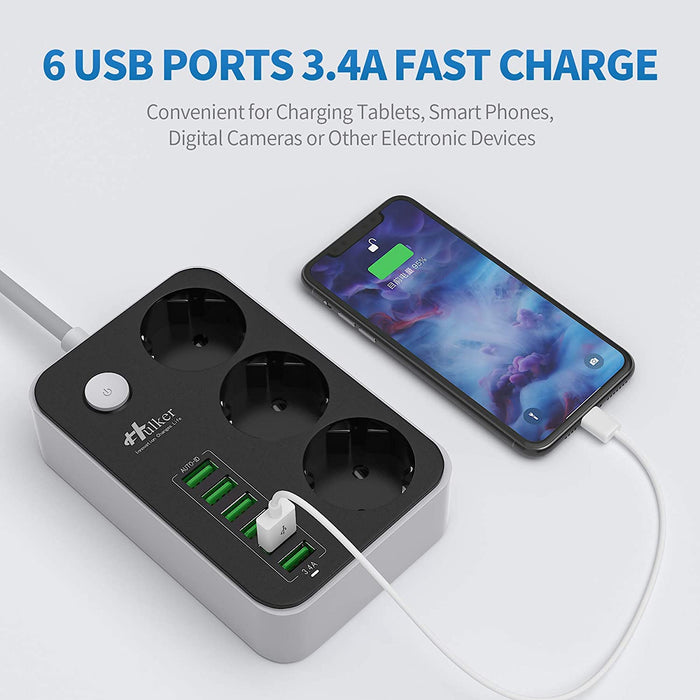 Mehrfachsteckdose HULKER Steckdosenadapter 3 fach/Steckdosen 6 USB -Anschlüsse, Steckdosenleiste mit überspannungsschutz, 1.6 m Verlängerungskabel EU