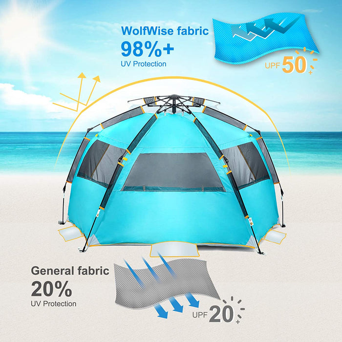 Schnellaufbau 3-4 Personen Strandmuschel, UPF 50+ UV Schutz Familien Baby Strandzelt Sonnenschirm, Tragbar Blau