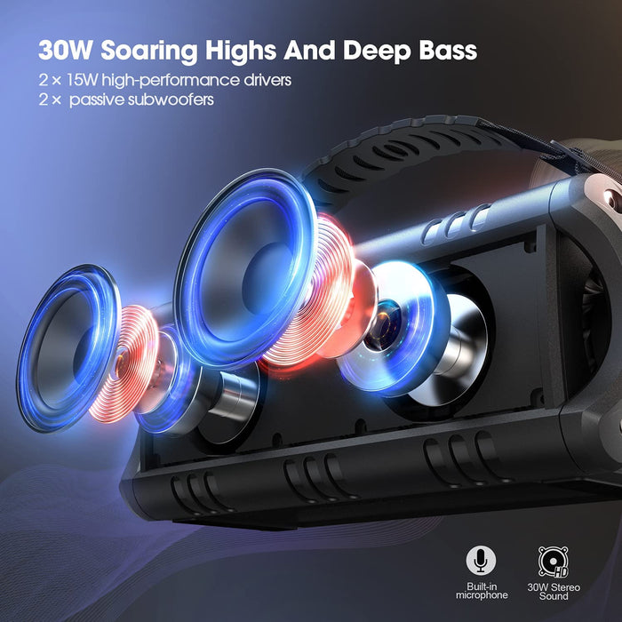 Bluetooth Lautsprecher, W-KING 30W Tragbarer Musikbox, 5000mAh Batterie, 24-Stunden Akkulaufzeit, Wasserdicht Bluetooth Speaker Box mit Bass